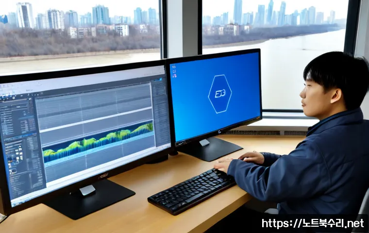 서빙고동 POOL_HEADER_CORRUPTION - Photorealistic IT support workstation in a quiet riverside apartment office, dual monitors showing a...