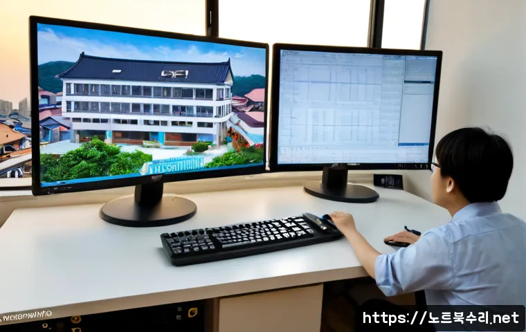 가리봉 STATUS_PRIVILEGED_INSTRUCTION - Photorealistic remote-support workstation in a compact Garibong apartment office, dual monitors show...