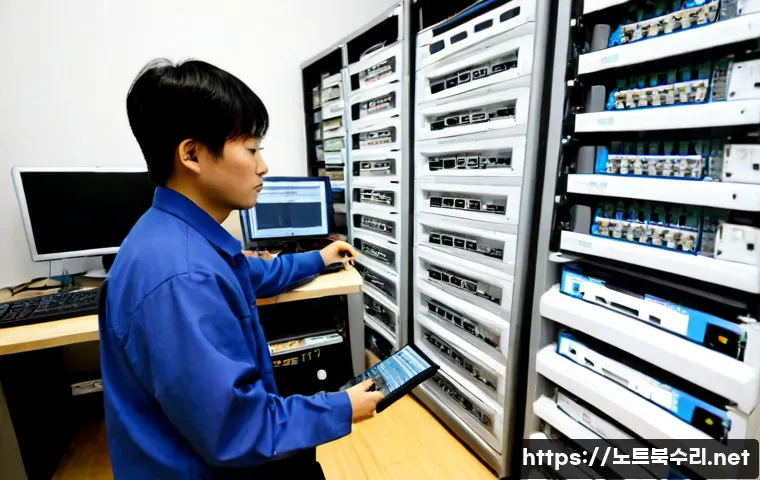 상수동 파일서버출장방문수리점 - Photorealistic on-site file server repair in a compact Sangsu-dong creative studio, technician check...