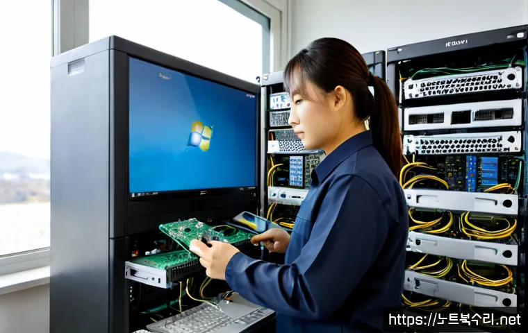 모현면 서버출장방문수리점 - Photorealistic on-site server repair in a quiet Moyeon-myeon office workshop, technician connecting ...