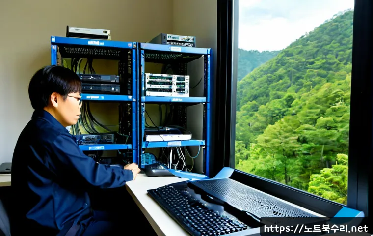 관인면 네트워크구축 설정 및 세팅오류해결 - Photorealistic rural office workstation in Gwanin-myeon, technician configuring a compact network ra...