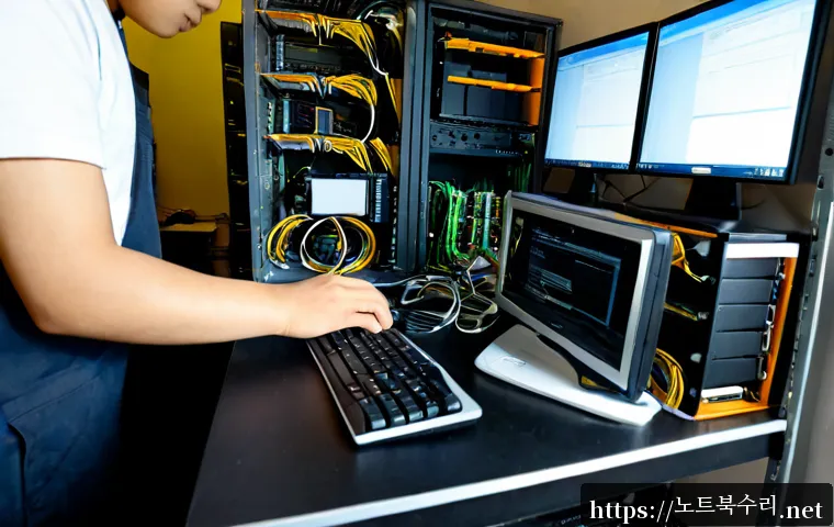 남대문 linux재설치 포맷 초기화 - Photorealistic remote IT support workstation inside a compact electronics repair shop near an old ma...