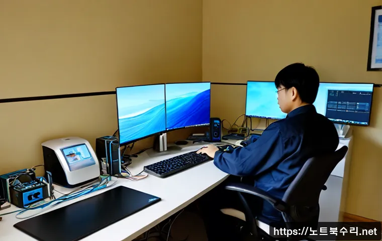 교동면 STATUS_KERNEL_SECURITY_CHECK - Photorealistic IT support workstation in a quiet rural Korean office near tidal fields, ultrawide mo...