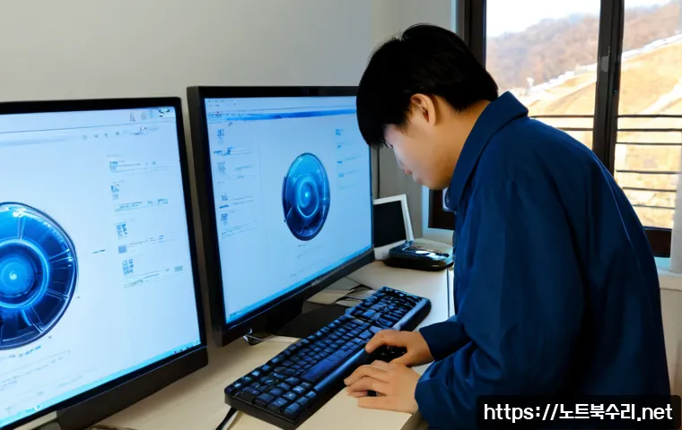 마천동 STATUS_KERNEL_THREAD_TIMEOUT - Photorealistic computer repair workstation in a compact Machon-dong apartment office, dual monitors ...