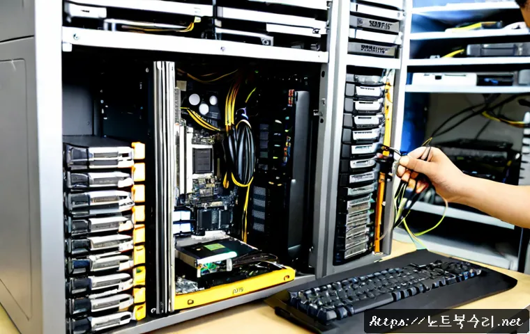 탄현면 그래픽카드조립 및 교체수리 - Photorealistic computer repair workstation in a quiet Korean township service shop, technician caref...