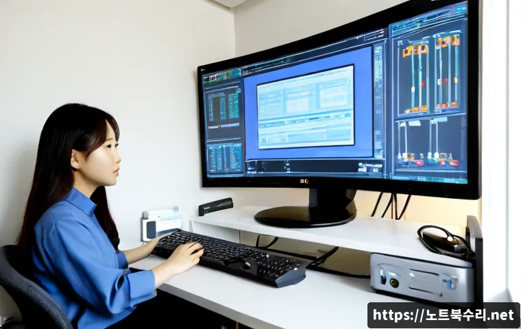 내곡동 STATUS_KERNEL_CONFIGURATION_ERROR - Photorealistic IT support workstation in a modern Naegok-dong home office, dual monitors showing abs...