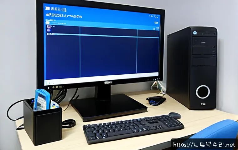 광명동 INACCESSIBLE_BOOT_DEVICE - Photorealistic IT support workstation in a compact Gwangmyeong apartment office, desktop tower opene...