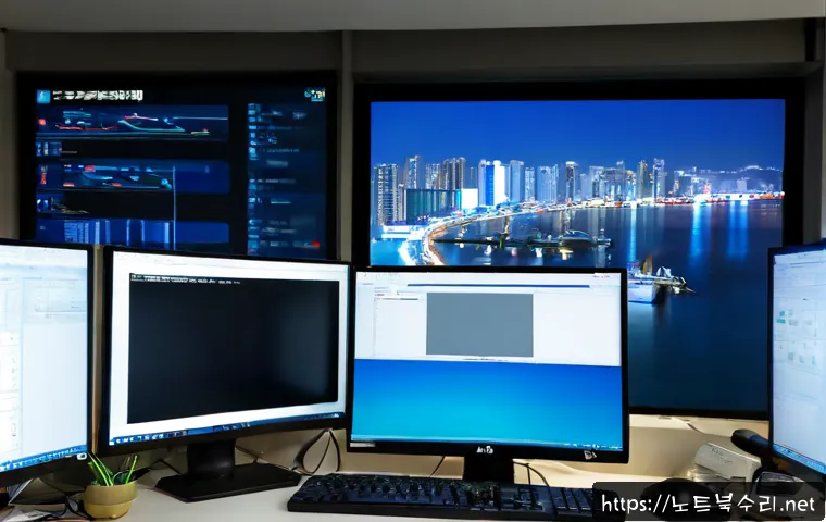 풍도동 STATUS_KERNEL_MEMORY_LEAK - Photorealistic IT support workstation in a compact coastal district office, dual monitors showing ab...