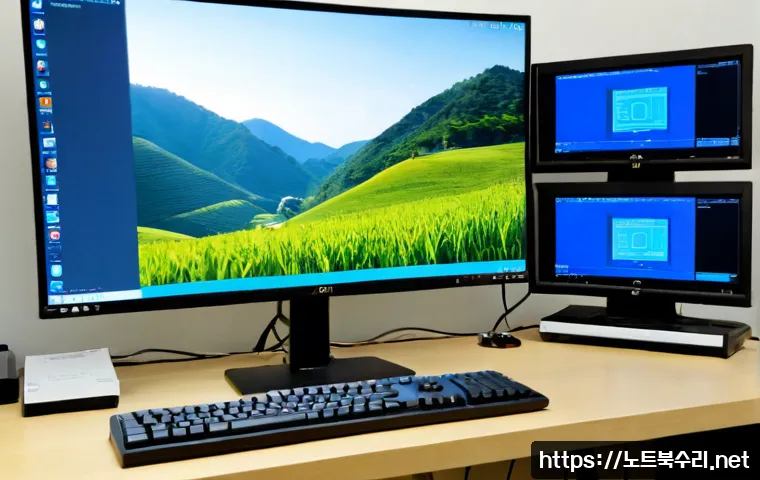 송산면 STATUS_KERNEL_DATA_CORRUPTION - Photorealistic remote-support workstation in a quiet Korean rural office near low green hills, dual ...