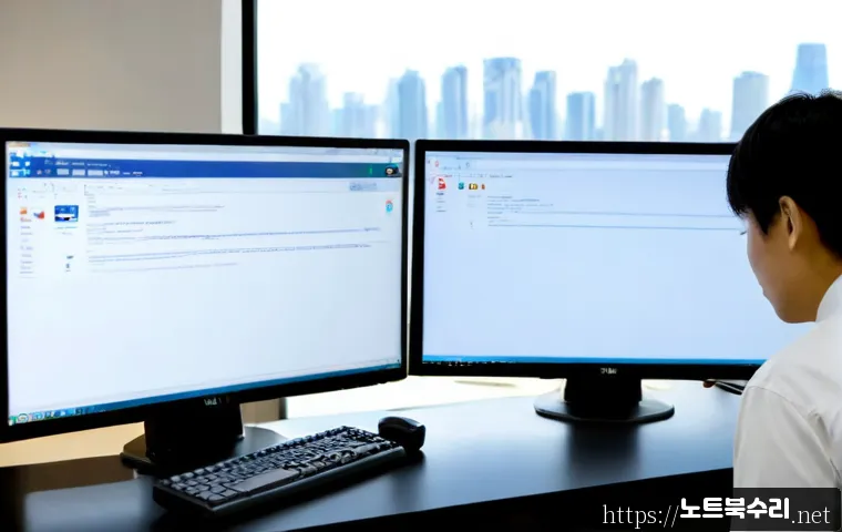 오금동 STATUS_INVALID_SESSION - Photorealistic IT support workstation in a quiet Ogeum-dong apartment office, dual monitors showing ...