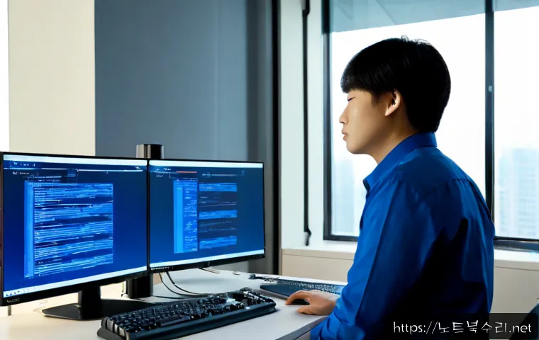 서초동 NTFS_FILE_SYSTEM - Photorealistic IT support workstation in a sleek Seocho-dong office tower, dual monitors showing abs...