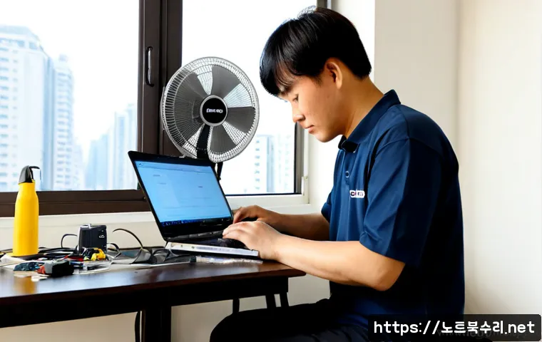 둔촌동 노트북 laptop 출장방문수리점 - Photorealistic onsite laptop repair technician working at a neat apartment dining table in Dunchon-d...