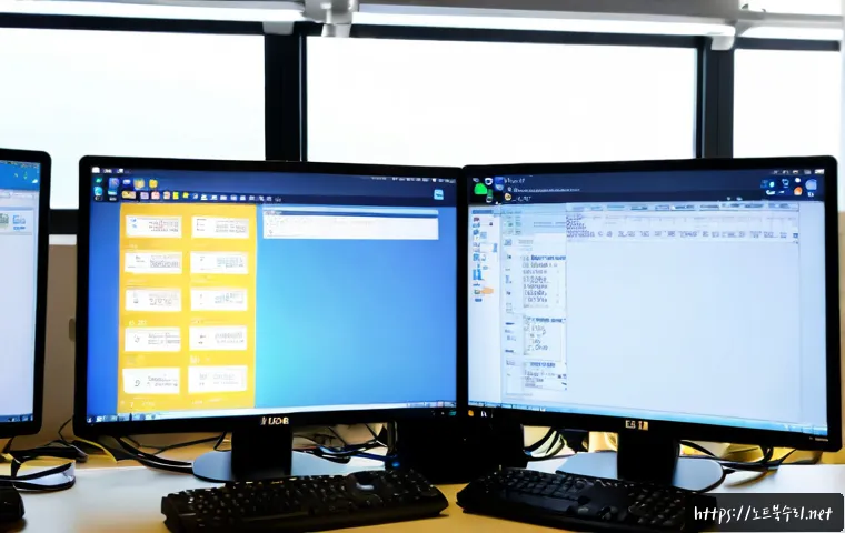 반월동 STATUS_FILE_INVALID - Photorealistic IT support workstation in a compact Banwol-dong industrial office, dual monitors show...