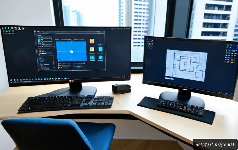 작전동 STATUS_NO_MEMORY - Photorealistic remote-support workstation in a compact apartment office, dual monitors displaying a ...