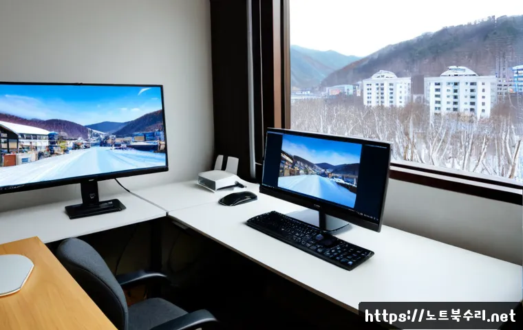 고양동 VIDEO_TDR_FAILURE - Photorealistic remote-support workstation in a Goyang-dong apartment office, dual monitors showing a...