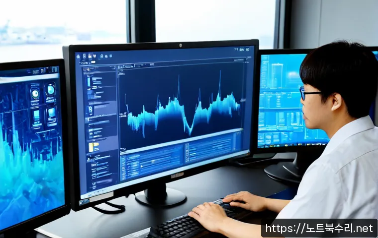 봉래동 WIN32K_LOCK_HELD_TOO_LONG - Photorealistic IT support workstation in a compact Busan harbor district office, dual monitors showi...