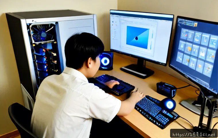 둔전동 팬돌다 멈춤 - Photorealistic desktop workstation in a compact Dongtan-style apartment office, open PC tower with a...