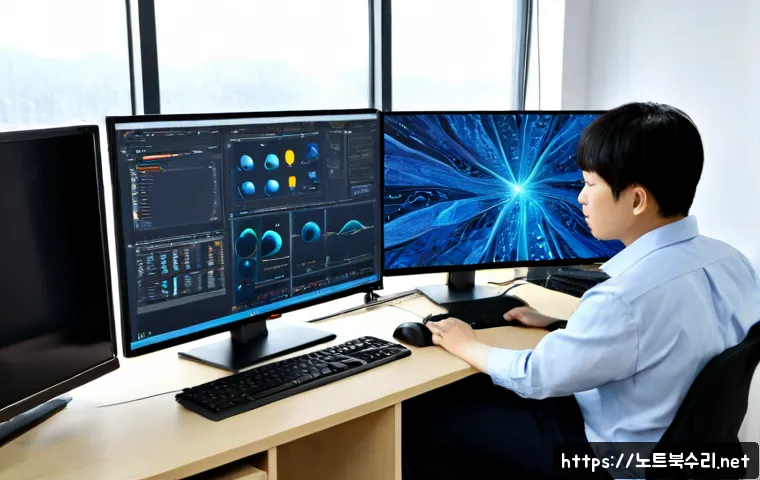 중곡동 STATUS_KERNEL_MODULE_CORRUPTION - Photorealistic IT support workstation in a compact Junggok-dong apartment office, dual monitors show...