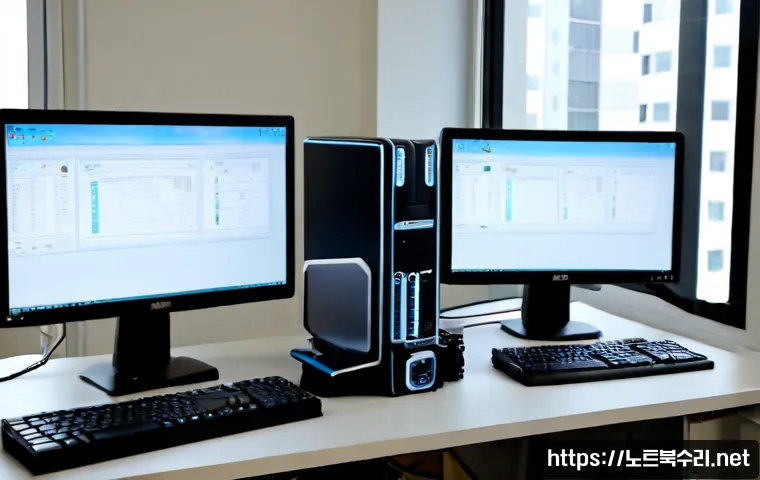세마동 STATUS_PAGEFILE_MISSING - Photorealistic IT support workstation in a compact Korean suburban office, dual monitors showing abs...