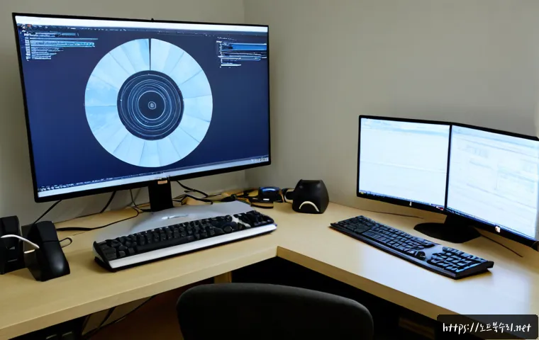강천면 STATUS_FLOAT_OVERFLOW - Photorealistic remote-support workstation in a quiet rural Korean office, ultrawide monitor showing ...