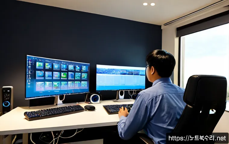 중대동 입력신호가 없습니다 - Photorealistic remote-support workstation in a modern apartment near a quiet suburban hillside, dual...