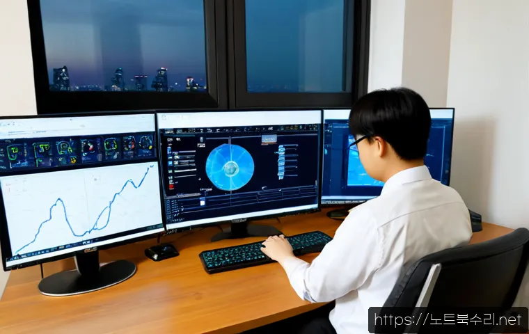 우만동 STATUS_FLOAT_UNDERFLOW - Photorealistic IT support workstation in a Suwon apartment office, dual monitors showing abstract CA...