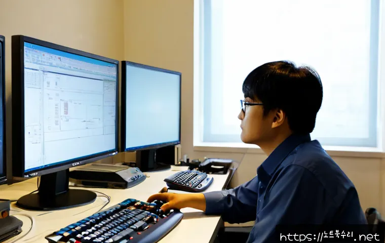 벽제동 STATUS_MEMORY_OVERFLOW - Photorealistic remote-support workstation in Byeokje-dong, a stressed engineer viewing a dense CAD a...