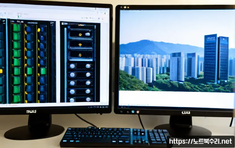 노원구 STATUS_DISK_NOT_INITIALIZED - Photorealistic IT support workstation in Nowon-gu, dual monitors showing abstract disk partition blo...