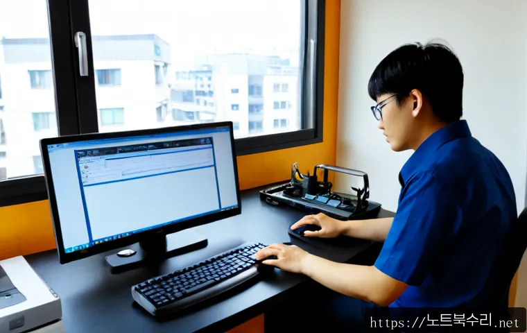 해곡동 STATUS_DISK_WRITE_FAILURE - Photorealistic remote-support workstation in a compact Haegok-dong office, dual monitors showing a n...