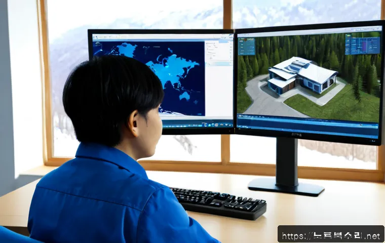 단월면 CLOCK_WATCHDOG_TIMEOUT - Photorealistic remote-support workstation in a quiet rural township office, dual monitors frozen on ...