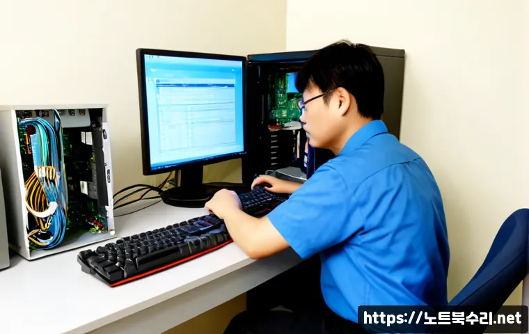 일동 NTLDR is compressed - Photorealistic IT repair workstation in a compact office near a quiet Korean residential district, t...