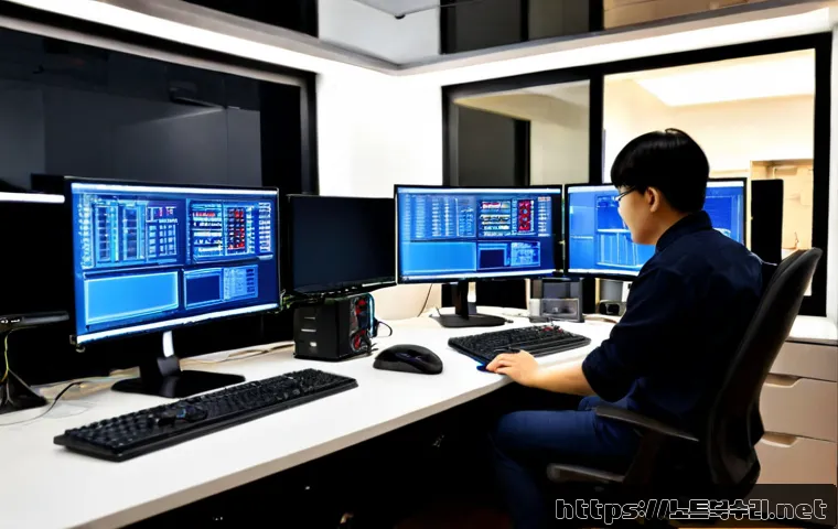쌍림동 STATUS_KERNEL_MODULE_INVALID - Photorealistic IT support workstation in a compact Ssangnim-dong studio office, dual monitors showin...