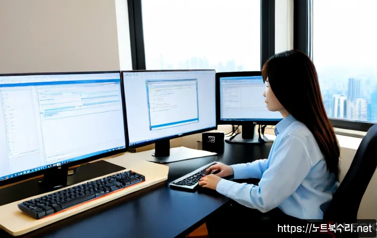 가운동 STATUS_KERNEL_MODULE_INVALID - Photorealistic IT support workstation in a modern Gawoon-dong apartment office, dual monitors showin...
