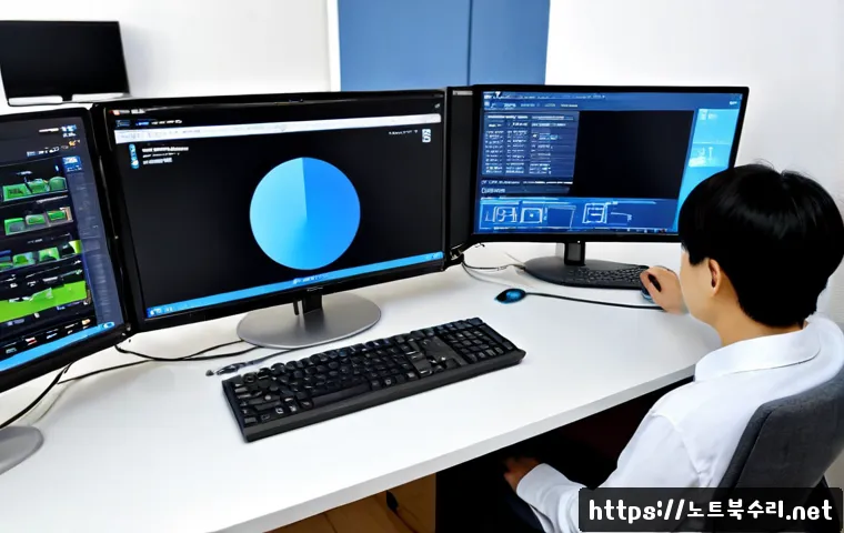 검암경서동 블루스크린 - Photorealistic remote IT support workstation in a modern Geomam neighborhood apartment, dual monitor...