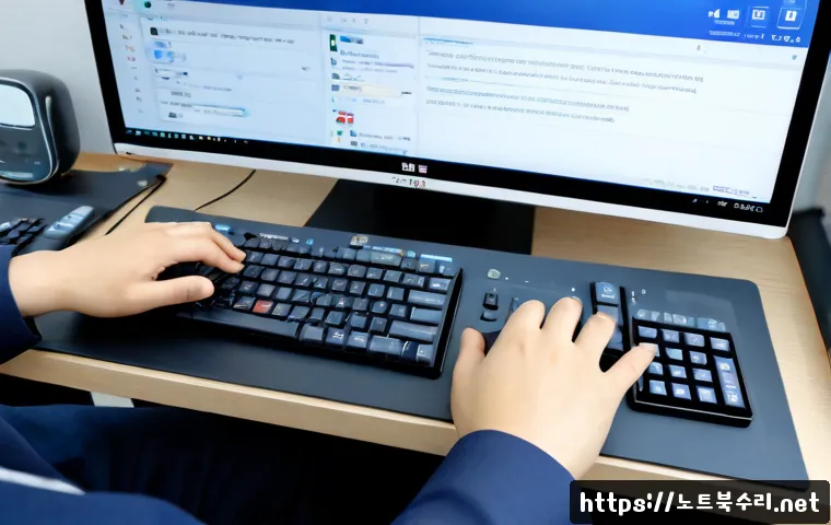 부산동 press f4 key - Photorealistic remote-support workstation in a compact Busan Dong apartment office, hand pressing an...