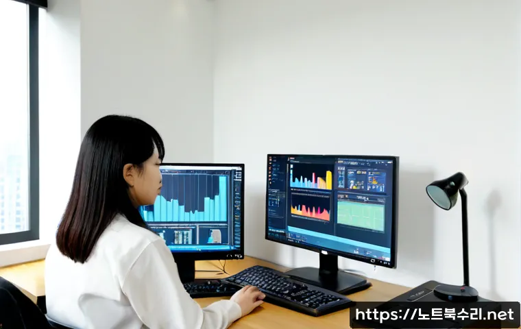 매교동 pc복구중 - Photorealistic computer recovery workstation in a compact Maegyo-dong office, technician monitoring ...