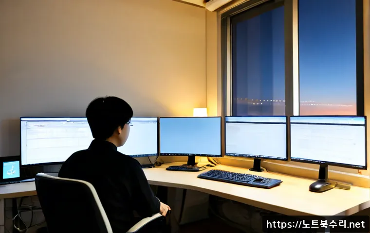 선부동 SESSION_HAS_VALID_VIEWS_ON_EXIT - Photorealistic remote-support workstation in a compact Seonbu-dong apartment office, dual monitors s...