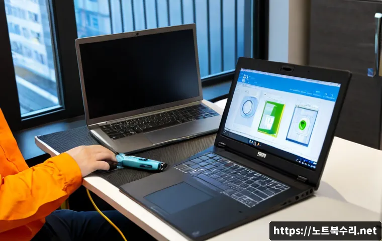 주엽동 노트북 laptop 출장방문수리점 - Photorealistic on-site laptop repair in a bright high-rise apartment near a quiet suburban park dist...
