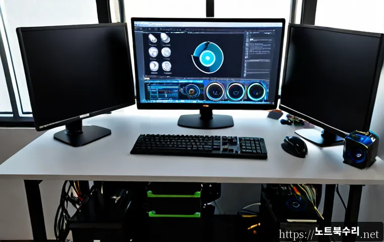 둑실동 WATCHDOG_VIOLATION - Photorealistic IT support workstation in a compact Duksil-dong office, dual monitors showing a clean...