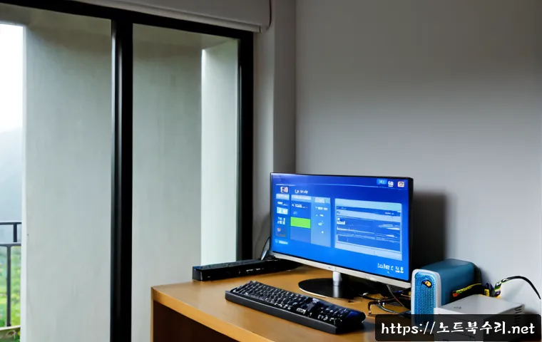 난향동 INTERNAL_POWER_ERROR - Photorealistic IT support workstation in a compact hillside apartment, desktop monitor showing a bla...