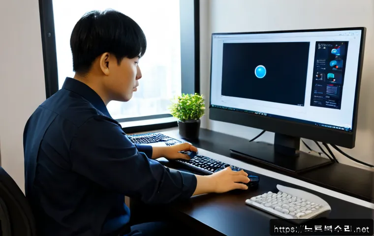 곡반정동 모니터화면 안나옴 - Photorealistic remote-support technician inspecting a dual-monitor workstation in a compact Korean a...