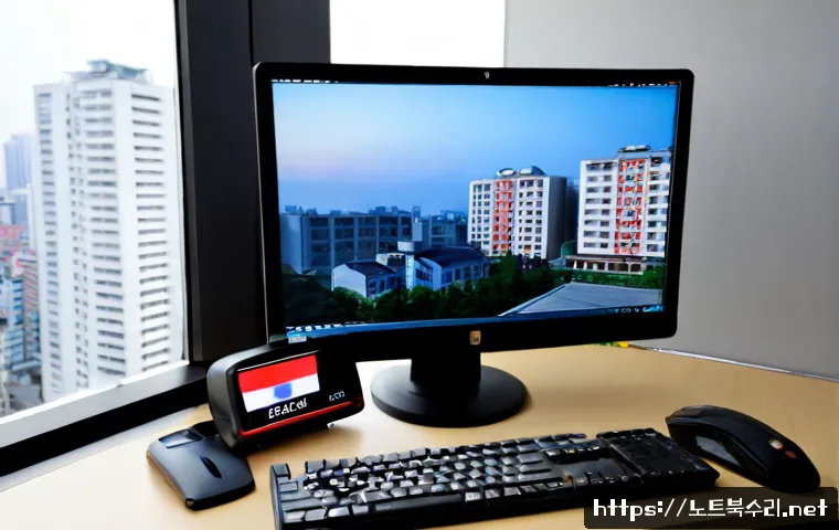 동패동 STATUS_KERNEL_MODULE_INVALID - Photorealistic IT support workstation in a modern Dongpae-dong apartment office, dual monitors showi...