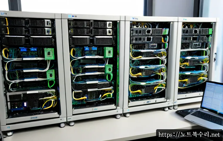 모곡동 server출장방문수리점 - Photorealistic on-site server repair in a compact Korean office, technician connecting diagnostic eq...