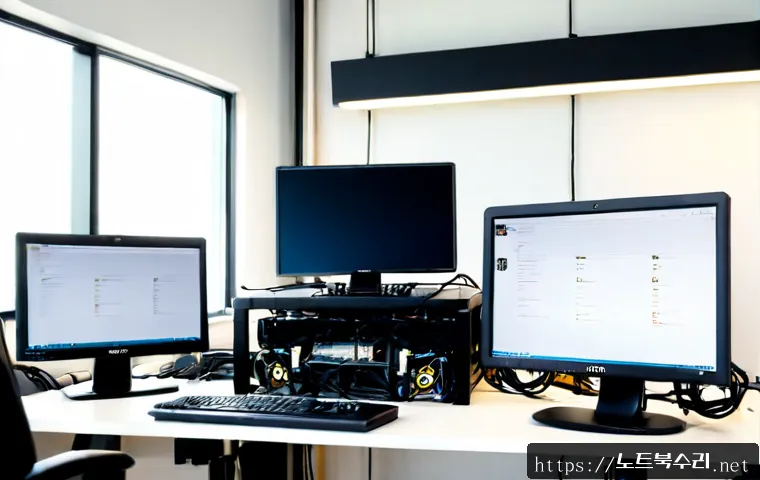서탄면 DEVICE_DRIVER_MISMATCH - Photorealistic remote IT support workstation in a compact industrial office near a Korean rural manu...