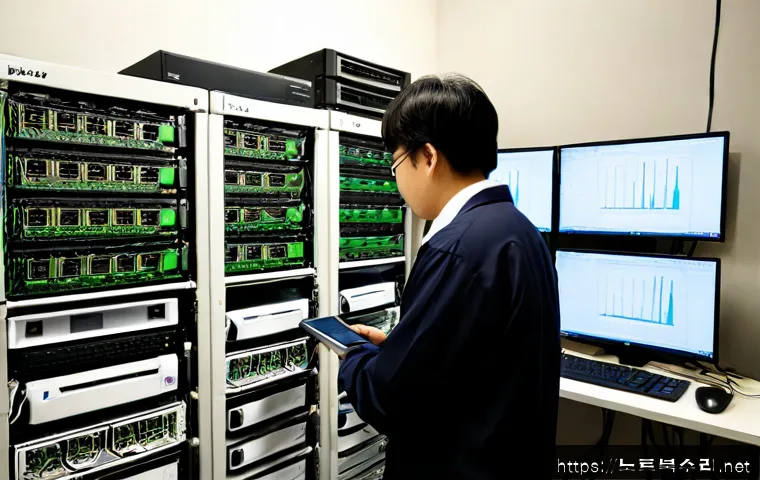 남영동 파일서버출장방문수리점 - Photorealistic on-site file server repair inside a compact Namyeong-dong office, technician connecti...