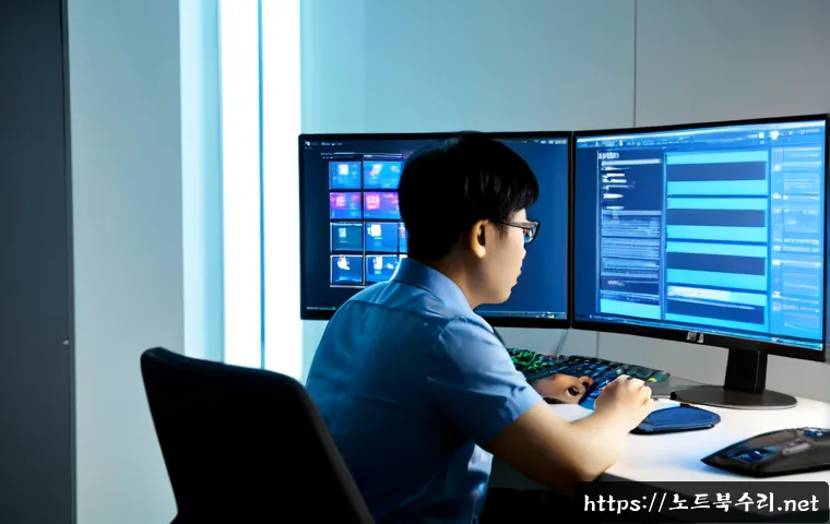보정동 FAT_FILE_SYSTEM - Photorealistic IT support workstation in a modern Bundang-style office, technician using a disk reco...