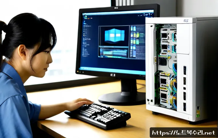 옥산동 공장초기화복구 - Photorealistic remote-support workstation in a compact industrial office near a Korean manufacturing...