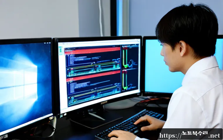 동구 ATTEMPTED_EXECUTE_OF_NOEXECUTE_MEMORY - Photorealistic IT support workstation in Dong-gu, Busan, dual monitors showing abstract memory-prote...