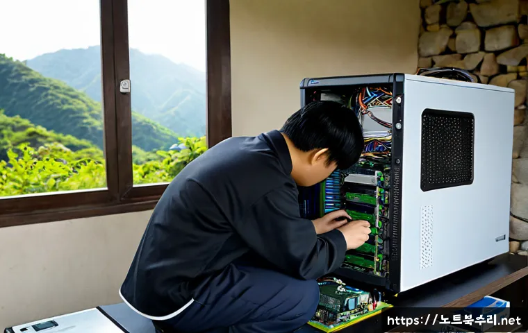 청운면 cpu조립 및 교체수리 - Photorealistic computer repair workstation in a quiet rural Korean township, technician carefully in...