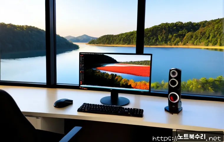 율동 INVALID_KERNEL_HANDLE - Photorealistic software engineer workstation overlooking a calm wooded reservoir, dual monitors show...